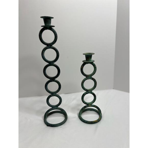 Set of 2 Green Tone Cast Iron Candle Holders, Unique Style! - Picture 4 of 7